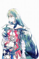  1girl bandaged_arm bandages black_hair center_opening closed_mouth collarbone commentary dress enoki_(megaclam) hair_between_eyes long_hair looking_to_the_side off_shoulder red_dress revealing_clothes solo tales_of_(series) tales_of_berseria velvet_crowe very_long_hair white_background 