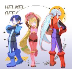  1girl 2boys armor black_hair blue_bodysuit blue_helmet bodysuit commentary_request english_text full_body green_eyes group_picture helmet highres holding holding_unworn_helmet jinsu_exe korean_commentary leotard long_hair mega_man_(series) mega_man_battle_network_(series) megaman.exe multiple_boys netnavi one_eye_closed pink_helmet pink_leotard protoman.exe red_armor red_helmet roll.exe_(mega_man) short_hair sunglasses unworn_headwear unworn_helmet 