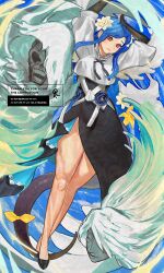  absurdres arms_up black_dress blue_hair cropped_shirt dizzy_(guilty_gear) dress guilty_gear guilty_gear_strive hair_ornament highres looking_at_viewer monster_girl nacaji necro_(guilty_gear) parted_lips queen_dizzy red_eyes shirt side_slit tail undine_(guilty_gear) white_shirt 