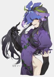 1girl artist_name black_gloves black_hair commentary dress elbow_gloves flower flower_on_head gloves highres long_hair looking_at_viewer puffy_short_sleeves puffy_sleeves purple_dress shimiya_jin short_sleeves smile solo touhou upper_body white_background yomotsu_hisami 