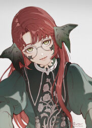  1girl au_ra dot_nose dragon_ears dragon_girl dress eyewear_strap final_fantasy final_fantasy_xiv floral_print glasses green_dress green_eyes halmarut_(ff14) highres long_hair looking_at_viewer mugi_kosuta puffy_sleeves red_hair round_eyewear scales simple_background smile solo white_background 