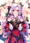  1girl black_gloves black_hairband detached_sleeves dress drill_hair flower fuyuki_(neigedhiver) gloves hairband highres holding holding_flower hyakumantenbara_salome juliet_sleeves light_purple_hair long_hair long_sleeves looking_at_viewer nijisanji off-shoulder_dress off_shoulder parted_bangs puffy_sleeves purple_flower purple_rose red_dress red_sleeves rose smile solo violet_eyes virtual_youtuber 