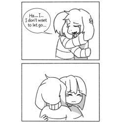  1boy 1other 2015 2d ambiguous_gender animal_ears anthro artist_name aryll_(marbles) asriel_dreemurr body_fur comic commentary cropped_torso crying digital_media double_horizontal_stripe droopy_ears duo english_commentary english_text fangs floppy_ears frisk_(undertale) furry furry_male goat goat_boy goat_ears horizontal-striped_clothes hug human lilo_&amp;_stitch long_sleeves male mammal monochrome monster monster_boy parody scene_reference sequential short_hair simple_background speech_bubble striped_clothes striped_sweater sweater tears text undertale upper_body utdr_(toby_fox) white_background 