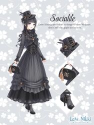  1girl artist_request ascot bag black_ascot black_bag black_bow black_corset black_hair blunt_bangs boots bow buttons character_name close-up clover clover_background collared_dress copyright_logo corset cross-laced_clothes cross-laced_corset dot_nose dress english_text formal_clothes four-leaf_clover frilled_dress frills full_body grey_background grey_boots grey_dress grey_hat handbag happy hat hat_bow hat_feather high_collar high_heel_boots high_heels holding holding_bag lace-trimmed_dress lace-trimmed_sleeves lace_trim light_blush lipstick logo long_dress long_hair long_sleeves looking_at_viewer makeup mascara miracle_nikki nikki_(series) official_art parted_lips pleated_dress red_lips sleeves_past_wrists smile socialite_(miracle_nikki) solo standing striped_clothes striped_dress third-party_source top_hat vertical-striped_clothes vertical-striped_dress violet_eyes wavy_hair 