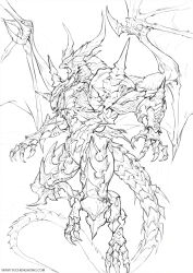  1boy angry armor artist_name claws concept_art dragon_boy dragon_horns dragon_tail dragon_wings fantasy flying full_body greyscale highres horns lineart making-of_available male_focus midair monochrome monster monster_focus open_hands open_mouth original scales shingeki_no_bahamut shoulder_spikes solo spiked_arm spikes spread_wings tail unfinished web_address wings yu_cheng_hong 