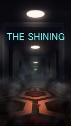  carpet ceiling_light copyright_name dark door dropped_object fog hallway highres hotel indoors key no_humans scenery shadow the_shining yu02257951 