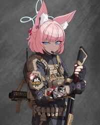 1girl 40mm_grenade absurdres animal_ear_fluff animal_ears black_gloves black_suit blue_archive blue_eyes blue_halo bulletproof_vest commentary_request dog_tags earphones_on_animal_ears eotech fingerless_gloves fox_ears fox_girl fox_platoon_(blue_archive) furrowed_brow gloves grenade_launcher gun halo handle headphones highres holding holding_gun holding_weapon looking_at_viewer microphone military military_combat_uniform military_uniform milkor_mgl mossberg_590 niko_(blue_archive) odi original pink_hair radio_antenna scissors short_hair shotgun solo solo_focus suit tactical_clothes tactical_gloves tail variant_set weapon 