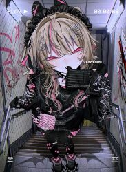  1girl alternate_costume arm_up artist_name black_headband black_shirt blonde_hair bow crossbody_bag fangs foreshortening frilled_headwear from_above hair_intakes hair_ornament headband highres long_sleeves looking_at_viewer makaino_ririmu multicolored_hair nijisanji one_side_up open_mouth pink_bow pink_eyes punk shirt sleeves_past_fingers sleeves_past_wrists smile solo stairs standing stone_stairs streaked_hair virtual_youtuber xdoxa89 