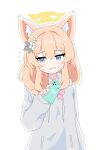  1girl animal_ears blue_archive blue_eyes cellphone fox_ears grey_hoodie hagoonha halo highres hood hoodie iphone long_hair looking_at_viewer mari_(blue_archive) orange_hair phone pink_ribbon ribbon simple_background smartphone solo white_background 