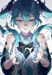  1girl bare_shoulders blue_eyes blue_hair blue_nails blue_necktie collared_shirt crying crying_with_eyes_open detached_sleeves fingernails gradient_background grey_background grey_shirt hair_between_eyes hair_ornament hands_up hatsune_miku highres long_hair long_sleeves looking_down mele_ck nail_polish necktie number_tattoo shirt sidelocks simple_background solo tattoo tears teeth triangle twintails vocaloid white_background wide_sleeves 