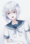  1girl a_certain_high_school_uniform accelerator_(toaru_majutsu_no_index) albino ambiguous_gender androgynous blue_sailor_collar bow colored_eyelashes electrodes flat_chest flower hair_flower hair_ornament head_tilt highres leaning looking_at_viewer open_mouth red_eyes rei_na sailor_collar school_uniform shirt short_hair short_sleeves signature solo summer_uniform suzushina_yuriko toaru_majutsu_no_index upper_body white_background white_bow white_hair white_shirt 