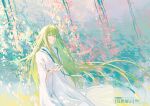  1boy androgynous blurry blurry_background cherry_blossoms enkidu_(fate) fate/grand_order fate_(series) green_eyes green_hair light_green_hair long_hair long_sleeves looking_at_viewer makishimasoutat male_focus petals robe solo very_long_hair white_robe 