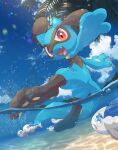  absurdres blue_sky caustics clouds day highres kicking looking_at_viewer no_humans nullma open_mouth outdoors pokemon pokemon_(creature) riolu sand sky splashing water wishiwashi 