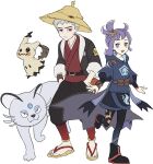  1boy 1girl :d acerola_(pokemon) alolan_persian alternate_costume black_footwear black_skirt blue_eyes blue_jacket boots closed_mouth commentary_request grey_hair hat highres hood hooded_jacket jacket kienai_11 mimikyu nanu_(pokemon) open_clothes open_jacket open_mouth pokemon pokemon_(creature) pokemon_(game) pokemon_sm purple_hair red_eyes sandals short_hair simple_background skirt smile standing toes white_background yellow_footwear yellow_headwear 