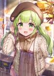  1girl :d akabane_(zebrasmise) bag beret blurry blush brick_wall brown_cardigan brown_headwear brown_ribbon brown_shirt buttons cardigan depth_of_field dress flower ginkgo_leaf green_eyes green_hair hand_in_own_hair handbag hat hat_flower leaf leaning_forward long_hair looking_at_viewer morinaka_kazaki nijisanji open_cardigan open_clothes open_mouth outdoors pink_bag pink_dress plaid plaid_dress ribbon shirt sidelocks smile solo sparkle twintails virtual_youtuber window 