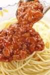  bolognese_sauce food food_focus kya4 ladle meat no_humans noodles original pasta plate realistic spaghetti 