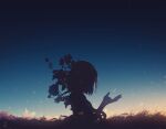 1girl backlighting clouds crescent_moon dark flower grass highres medium_hair moon nature night night_sky original outdoors scenery silhouette sky solo y_y_(ysk_ygc) 