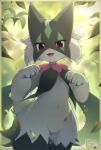  absurdres araunia artist_name blurry blurry_background border depth_of_field highres looking_at_viewer meowscarada no_humans open_mouth pokemon pokemon_(creature) solo twitter_username watermark 