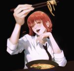  1784632701 1girl blunt_bangs blush braid chainsaw_man chopsticks dark_background food formal hand_on_own_face highres holding holding_chopsticks long_hair looking_at_viewer makima_(chainsaw_man) necktie noodles open_mouth orange_eyes redhead ringed_eyes shirt sidelocks single_braid solo udon white_shirt 