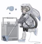  1girl :d blue_footwear grey_eyes grey_hair grey_jacket highres jacket loose_socks multicolored_clothes multicolored_jacket original puffy_sleeves shoes shou_(mori_boro) simple_background smile sneakers socks solo space_helmet two-tone_jacket vacuum_cleaner white_background white_jacket white_socks 