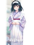  1girl apron black_eyes black_hair blush closed_mouth floral_print haguro_(kancolle) hair_between_eyes hair_ornament highres japanese_clothes kantai_collection kimono long_sleeves maid_headdress map_(blue_catty) print_kimono purple_kimono short_hair smile solo wa_maid white_apron wide_sleeves 