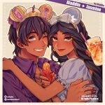  1boy 1girl aladdin_(character) aladdin_(disney) animal_ears artist_name black_hair blue_bow blue_dress bow character_name copyright_name dark-skinned_female dark-skinned_male dark_skin disney dress drink drinking_straw fake_animal_ears food hair_bow hetero holding holding_drink holding_food instagram_username jasmine_(disney) lipstick long_hair makeup mickey_mouse_ears mizala one_eye_closed puffy_short_sleeves puffy_sleeves purple_shirt shirt short_hair short_sleeves smile twitter_username upper_body very_long_hair watermark white_headwear 