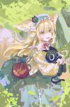  1girl animal_ears arknights bag black_cat blonde_hair blue_hairband blue_skirt brown_bag cardigan cat commentary fox_ears fox_girl frilled_hairband frills hair_ornament hair_scrunchie hairband handbag heixiu highres holding long_hair long_sleeves luoxiaohei multicolored_hair neck_ribbon official_alternate_costume on_head open_cardigan open_clothes open_mouth outdoors puffy_long_sleeves puffy_sleeves qiuchi red_ribbon ribbon scrunchie shirt shoulder_bag skirt stitches suzuran_(arknights) suzuran_(spring_praise)_(arknights) the_legend_of_luo_xiaohei two-tone_hair white_hair white_shirt yellow_cardigan yellow_eyes 