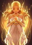  1girl anklet blonde_hair blue_eyes dress highres jewelry kodue55 long_hair magic necklace pointy_ears princess_zelda princess_zelda_(botw) strapless strapless_dress the_legend_of_zelda the_legend_of_zelda:_breath_of_the_wild white_dress 