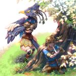  2boys bandaged_arm bandages bird_boy blue_eyes blue_tunic commentary fingerless_gloves gloves highres light_brown_hair link master_sword multiple_boys pointy_ears revali shiroi_(shiroicbe) sidelocks sitting the_legend_of_zelda the_legend_of_zelda:_breath_of_the_wild tree 