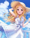  1girl armpits bare_shoulders blonde_hair blush bow bracelet clouds cloudy_sky collarbone day dress dress_bow fence hat holding holding_clothes holding_hat idolmaster idolmaster_cinderella_girls idolmaster_cinderella_girls_starlight_stage jewelry long_hair looking_at_viewer lunalight-dg mochizuki_hijiri open_mouth parted_bangs red_eyes sky smile solo straw_hat white_dress 