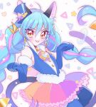  1girl animal_ears blue_gloves blue_hair blush braid cat_ears cat_tail cure_cosmo extra_ears fur-trimmed_gloves fur_trim gloves hair_between_eyes hat highres kojikoji long_hair looking_at_viewer magical_girl mini_hat mini_top_hat multicolored_clothes multicolored_hair multicolored_skirt paw_pose pink_hair precure rainbow_skirt skirt smile solo star_twinkle_precure tail tail_ornament tail_ring tongue tongue_out top_hat twin_braids yellow_eyes yuni_(precure) 