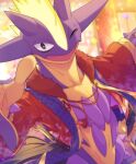  blurry blurry_background clothed_pokemon depth_of_field highres illusummer looking_at_viewer no_humans one_eye_closed open_mouth pokemon pokemon_(creature) solo toxtricity toxtricity_(amped) upper_body 