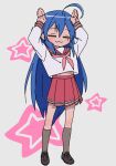  1girl blue_hair blush brown_footwear closed_eyes full_body highres izumi_konata komakichi315 long_hair lucky_star mole mole_under_eye red_sailor_collar red_skirt sailor_collar school_uniform simple_background skirt solo standing 