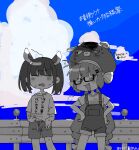  2girls =3 ahoge ahoge_wag alternate_costume blade blue_sky blunt_bangs blush bow closed_eyes clothes_lift clouds cloudy_sky collarbone commentary_request day eel_hat expressive_hair fang feet_out_of_frame fukomo furrowed_brow glasses greyscale guard_rail hair_bow hair_ornament hairclip halftone hands_on_own_hips headgear highres hot lifted_by_self long_hair low_twintails midriff_peek monochrome multiple_girls navel open_mouth otomachi_una otomachi_una_(talkex) outdoors overalls rectangular_eyewear semi-rimless_eyewear shirt shirt_lift shorts sky smile smug spot_color standing striped striped_bow summer sweat t-shirt talkex touhoku_kiritan translation_request twintails v-shaped_eyebrows visor_cap voiceroid wavy_mouth wilted_ahoge 