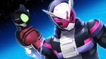  2boys armor asymmetrical_armor barcode batsu black_armor clock_hands glowing glowing_eyes green_eyes heisei kamen_rider kamen_rider_dcd kamen_rider_decade kamen_rider_zi-o kamen_rider_zi-o_(series) katakana multiple_boys pink_armor pink_eyes sky solo_focus star_(sky) starry_sky upper_body watch watch 