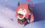  1girl black_footwear black_horns black_shirt blue_archive chibi chopper_crying_(meme) dango food halo highres horns junko_(blue_archive) meme open_mouth pointy_ears red_skirt redhead reia_76 shirt skirt solo tearing_up tongue twintails wagashi 