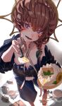  1girl blue_eyes blue_overalls blurry blurry_background blush braid cake chest_belt crown_braid cup e_ixion fate/grand_order fate_(series) flower food from_above frying_pan hair_ornament hat highres holding holding_spoon leaf_hair_ornament long_hair looking_at_viewer navel nervous open_mouth overall_shorts overalls pov see-through see-through_sleeves side_braid smile solo spoon straw_hat sunflower sweat unzipped van_gogh_(fate) white_background yellow_headwear 