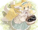  1girl animal_ear_fluff animal_ears arknights basket black_cat blonde_hair blue_hairband blue_skirt cardigan cat fox_ears fox_girl fox_tail frilled_hairband frills full_body green_eyes hair_ornament hair_scrunchie hairband heixiu highres holding holding_basket kitsune kyuubi long_hair looking_at_viewer luoxiaohei multicolored_hair multiple_tails neck_ribbon official_alternate_costume open_cardigan open_clothes parted_lips red_ribbon ribbon scrunchie shirt skirt solo stitches suzume_(f_mof3) suzuran_(arknights) suzuran_(spring_praise)_(arknights) tail the_legend_of_luo_xiaohei two-tone_hair white_hair white_shirt yellow_cardigan 