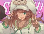  1girl alternate_color anchor brown_gloves brown_hair cabbie_hat fingerless_gloves gloves green_eyes guilty_gear guilty_gear_strive hat hat_ornament highres holding holding_anchor hood hoodie long_hair long_sleeves looking_at_viewer may_(guilty_gear) mil17459623 open_mouth skull_and_crossbones skull_hat_ornament smile v white_headwear white_hoodie 