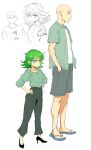  1boy 1girl alternate_costume bald bam.g collared_shirt flipped_hair full_body green_eyes green_pants green_shirt green_shorts grey_hair hands_in_pockets hands_on_own_hips high_heels highres long_sleeves looking_at_viewer one-punch_man open_clothes open_shirt pants parted_lips sandals shirt shorts simple_background tatsumaki white_background white_shirt 
