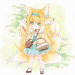  animal_ear_fluff animal_ears ankle_socks arknights bag bare_legs basket blonde_hair blue_hairband blue_skirt blush bobby_socks brown_bag brown_footwear cardigan chibi closed_mouth dango food fox_ears fox_girl fox_tail frilled_hairband frills full_body green_eyes hair_ornament hair_scrunchie hairband handbag highres holding holding_food kitsune kyuubi long_hair long_sleeves looking_at_viewer mary_janes mitarashi_dango multicolored_hair multiple_tails neck_ribbon official_alternate_costume open_cardigan open_clothes puffy_long_sleeves puffy_sleeves red_ribbon ribbon scrunchie shirt shoes shoulder_bag skirt sleeve_cuffs socks stitches suzuran_(arknights) suzuran_(spring_praise)_(arknights) tail two-tone_hair very_long_hair wagashi white_hair white_shirt white_socks yellow_cardigan yuewumian89195 