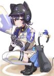  1girl animal_ears arm_guards bare_shoulders baseball_bat baseball_cap baseball_uniform bell bike_shorts black_gloves black_hair blue_ribbon blush cat cat_ears cat_tail closed_mouth elbow_gloves fake_animal_ears fake_tail gloves haruyuki_(gffewuoutgblubh) hat highres holding holding_baseball_bat idolmaster idolmaster_shiny_colors looking_at_another morino_rinze neck_bell red_eyes ribbon scrunchie shoes short_hair simple_background sneakers solo sportswear squatting tail thigh-highs white_background white_ribbon white_thighhighs yellow_ribbon 