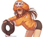 1girl anchor bent_over bike_shorts black_gloves brown_hair cabbie_hat fingerless_gloves gloves guilty_gear guilty_gear_strive hat hat_ornament highres holding holding_anchor hood hoodie long_hair long_sleeves may_(guilty_gear) mil17459623 orange_headwear orange_hoodie orange_shirt shirt skull_and_crossbones skull_hat_ornament smile stretch