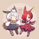  2023 2girls :3 :d ahoge animal_ears apple apple_rabbit apple_slice black_ribbon blonde_hair bow brown_background brown_cape brown_dress brown_pantyhose cape chibi chinese_zodiac dress english_text food food_art fork_hair_ornament frilled_sleeves frills fruit full_body grey_hair hair_over_one_eye hay holding holding_hands holding_plate hood hood_up leaf looking_at_viewer low_twintails medium_hair multicolored_hair multiple_girls neck_ribbon o_o open_mouth original outstretched_arm pantyhose personification plate polka_dot_pants puffy_pants puffy_sleeves rabbit_ears rakuni red_eyes red_footwear redhead ribbon shoes short_hair sleeves_past_fingers sleeves_past_wrists smile snow_rabbit streaked_hair thick_eyebrows twintails wide_sleeves year_of_the_rabbit 