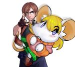  1boy 1girl ashley_graham ashley_graham_(mouse) blonde_hair blush boots brown_hair eminem_throwing_a_fat_rat_(meme) fingerless_gloves frown furry furry_female gloves green_skirt leon_s._kennedy mario_grant meme minigirl motion_blur mouse_girl orange_sweater parted_bangs resident_evil resident_evil_4 resident_evil_4_(remake) simple_background skirt sweater throwing white_background white_fur 