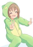  1girl :d ^_^ brown_hair closed_eyes commentary dinosaur_costume dot_nose double_v fang highres hood hood_up long_sleeves oka_asahi onesie onii-chan_wa_oshimai! open_mouth simple_background smile solo v white_background yatutori 
