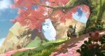  absurdres cherry_blossoms flower highres light_brown_hair link medium_hair nature pointy_ears ruoruoqiuu scenery short_ponytail sitting sword sword_on_back the_legend_of_zelda the_legend_of_zelda:_breath_of_the_wild tree weapon weapon_on_back wide_shot 