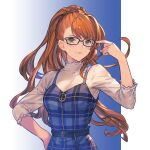  1girl beatrix_(granblue_fantasy) belt black_belt blue_dress blue_nails blush brown_hair closed_mouth dress glasses granblue_fantasy green_eyes highres long_hair minaba_hideo official_art ponytail shirt smile upper_body white_shirt 