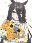  1girl :o ahoge animal_ears black_hair blush bouquet earrings english_commentary flower hair_between_eyes highres holding holding_bouquet horse_ears jewelry long_hair long_sleeves looking_at_viewer manhattan_cafe_(umamusume) musicccc petals shirt single_earring solo sunflower umamusume upper_body white_background yellow_eyes yellow_shirt 