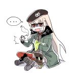  ... ^^^ absurdres beret blonde_hair boots broken_eyewear brown_bag brown_footwear brown_shirt chewing_gum commentary crossed_legs dbeod128 eyewear_removed full_body fur-trimmed_jacket fur_trim girls_frontline giving_up_the_ghost green_jacket hair_ornament hairclip half-closed_eyes hat highres holding holding_cloth holding_eyewear jacket korean_commentary korean_text long_hair mod3_(girls&#039;_frontline) open_mouth pouch red_eyes red_thighhighs round_eyewear shirt simple_background sitting sketch skull_ornament spoken_ellipsis sweat sweating_profusely tears thigh-highs translation_request turn_pale type_80_(girls&#039;_frontline) very_long_hair wavy_mouth white_background 
